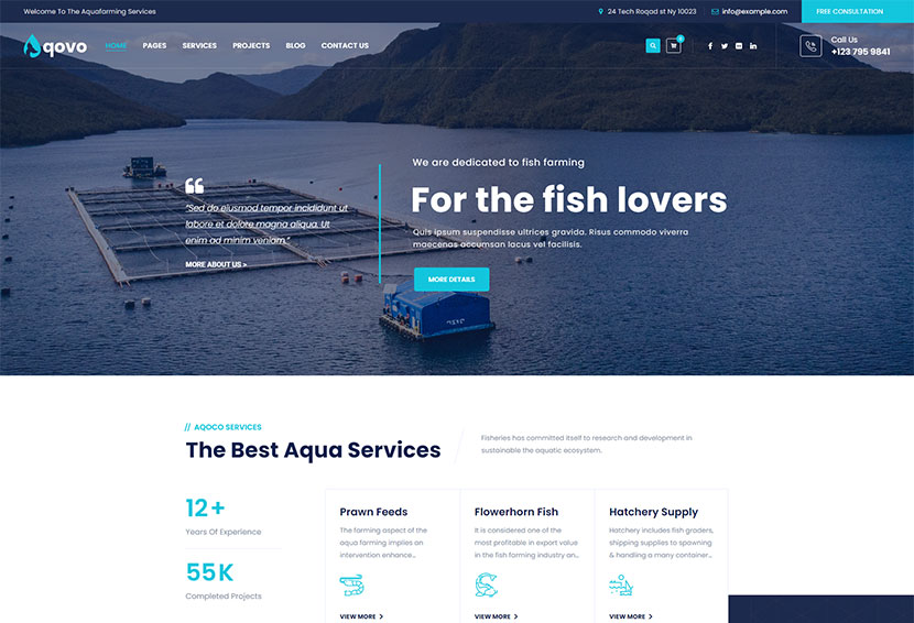 Aqovo - Tema WordPress per Aqua Farm e servizi di pesca