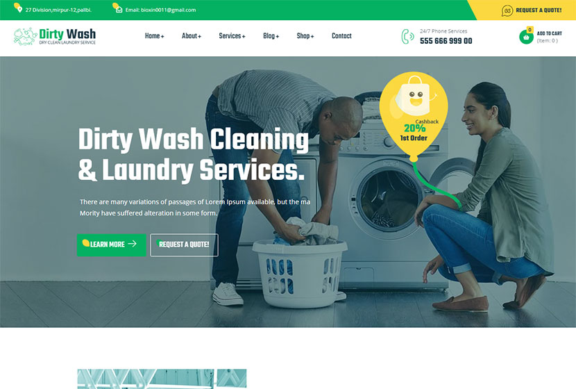 DirtyWash - سمة WordPress لخدمة الغسيل