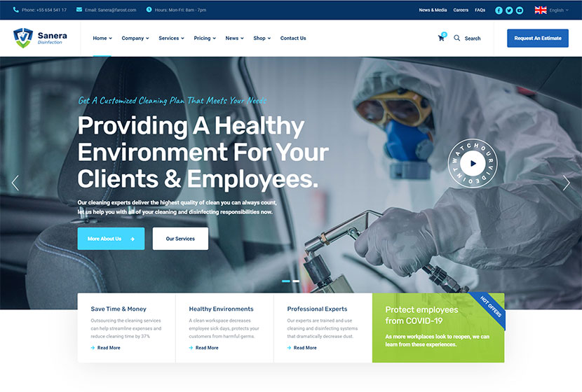 Sanera - Tema de WordPress para servicios de desinfección y limpieza