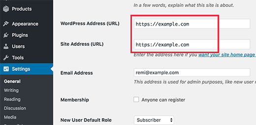 wordpress website url settings