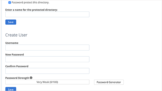 page showing password protection options