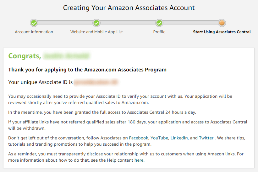 comece a usar o Amazon Associates etapa final