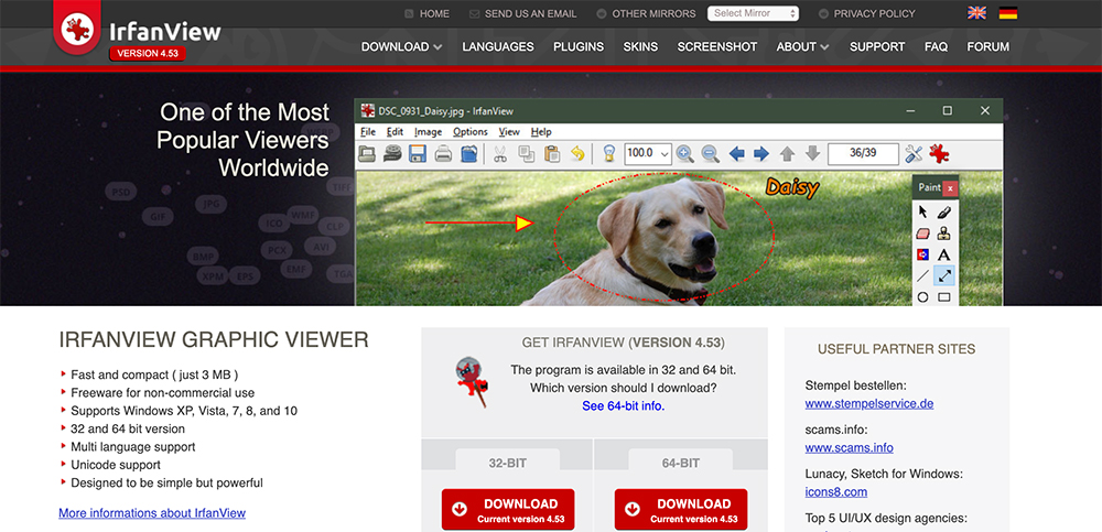 IrfanView ホームページのスクリーンショット