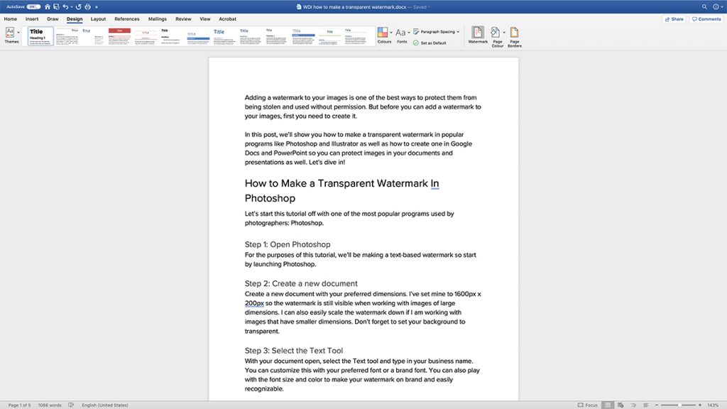 Deschiderea filei Design în Microsoft Word