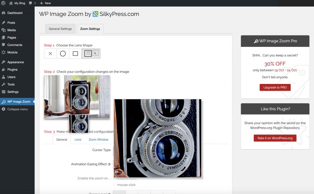 Plugin pengeditan foto WP Image Zoom - antarmuka