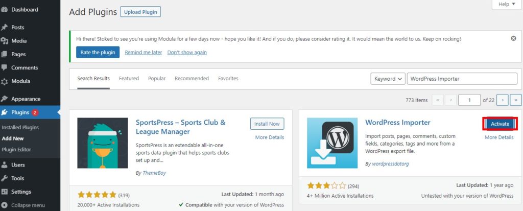 Activați WordPress Importer