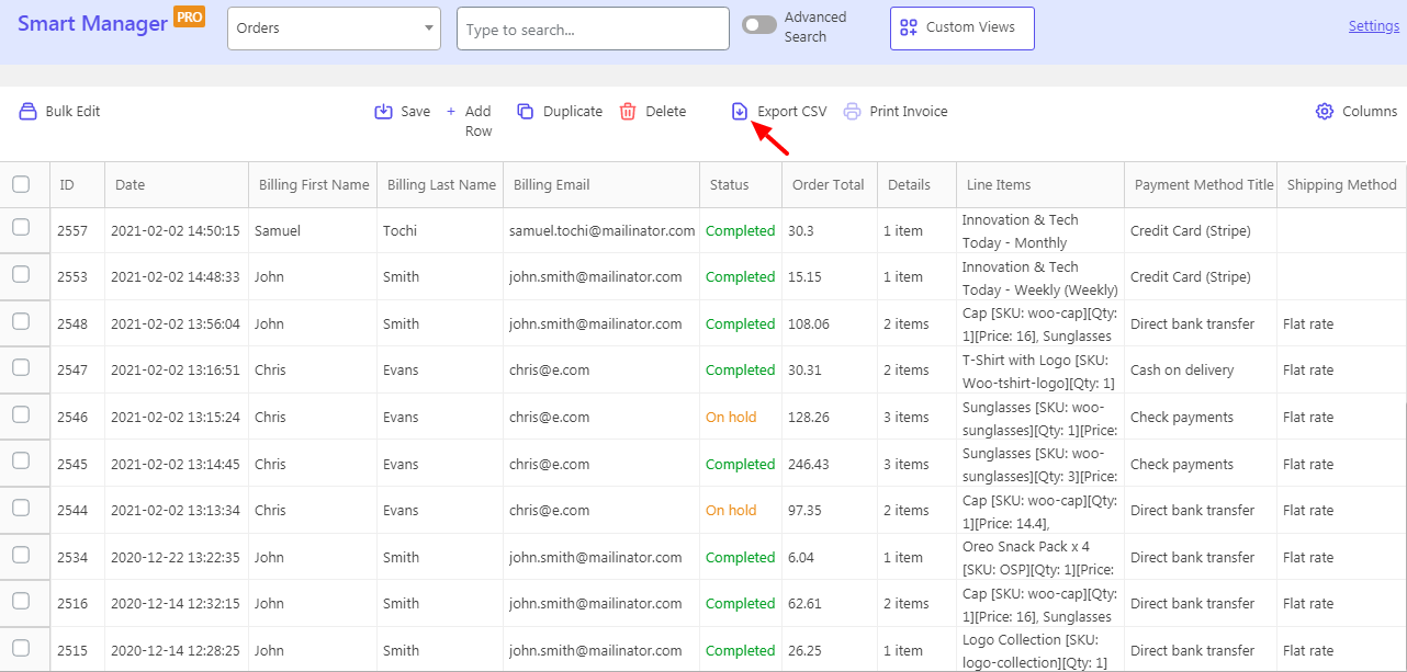 WooCommerce exporte les commandes CSV avec Smart Manager