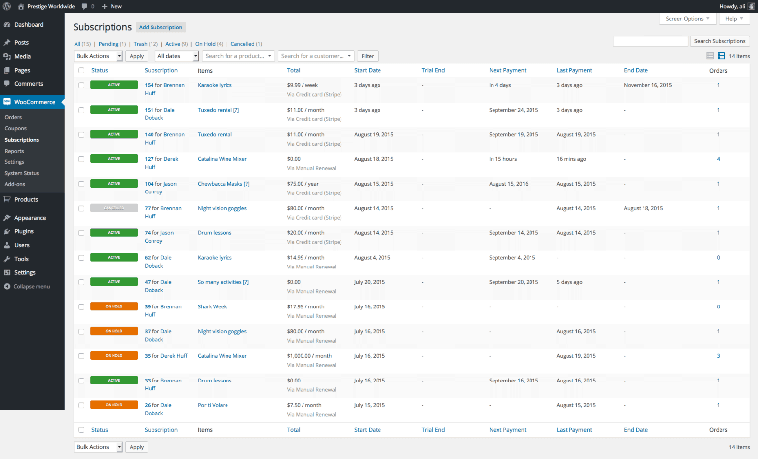 WooCommerce 구독 관리