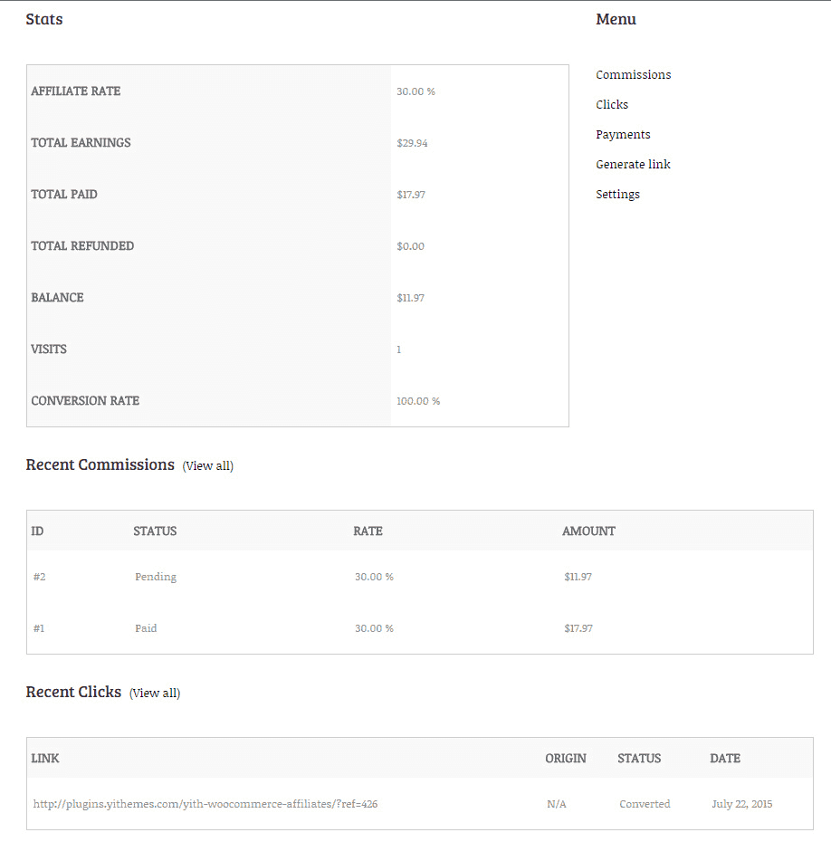 YITH WooCommerce 제휴 대시보드