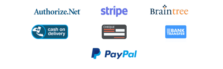 1 클릭 구매는 PayPal, Authorize.Net, Stripe, Braintree, 현금 배달, 수표 지불 및 은행 직접 송금과 함께 작동합니다.