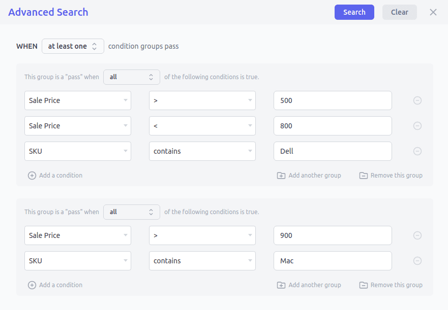 Filtres de recherche avancés