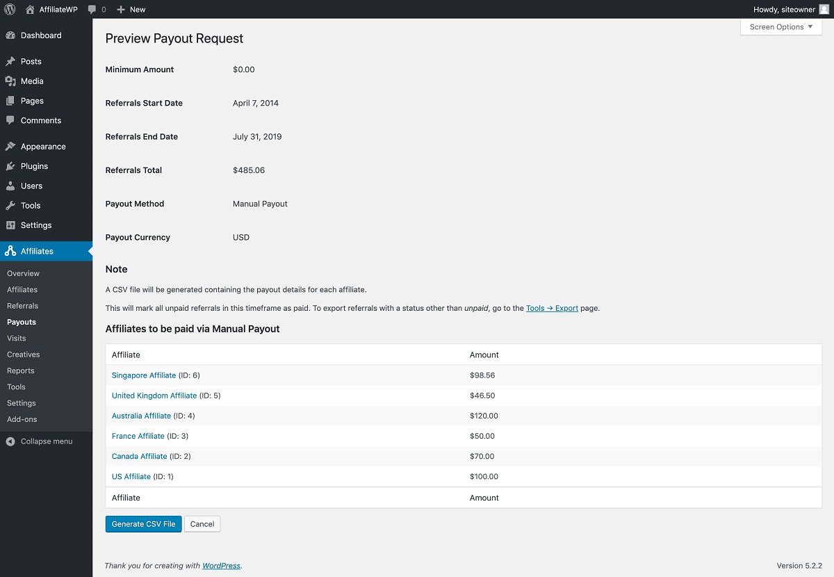 AffiliateWP 預覽手動付款請求