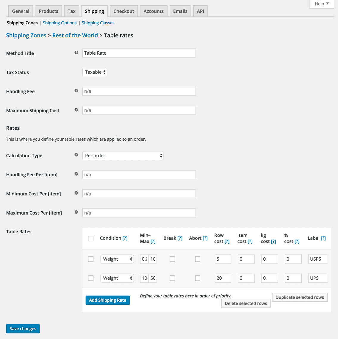 WooCommerce 테이블 요금 배송