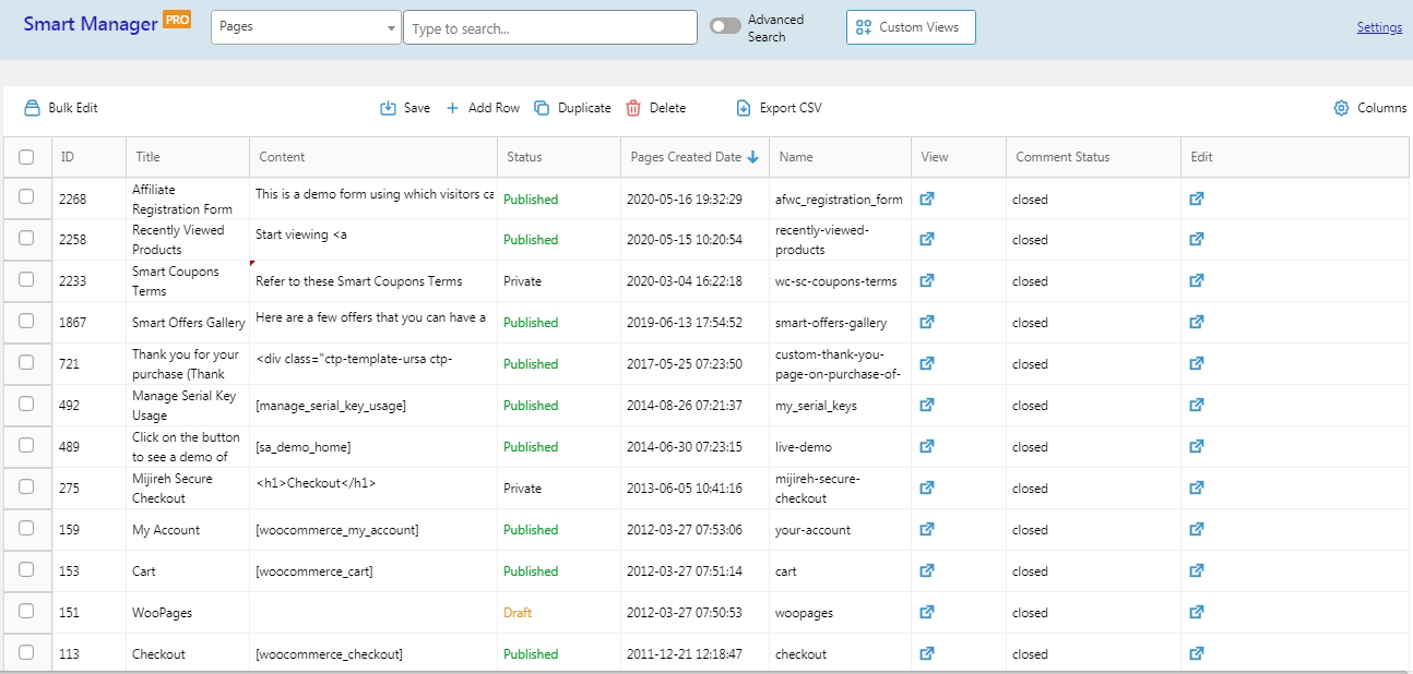 Affichage de la feuille de calcul des colonnes d'administration WordPress Smart Manager