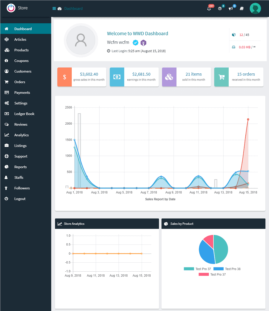 Приборная панель WCFM Frontend Manager