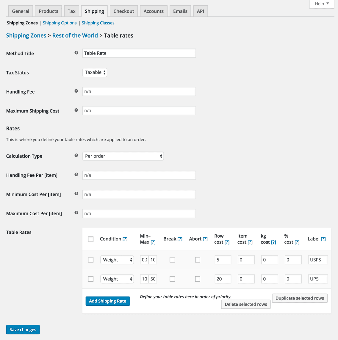 使用 WooCommerce 表费率运输插件设置表费率