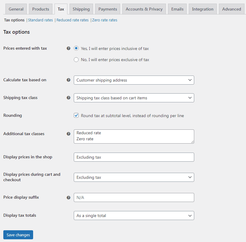 在 WooCommerce 中配置税收选项