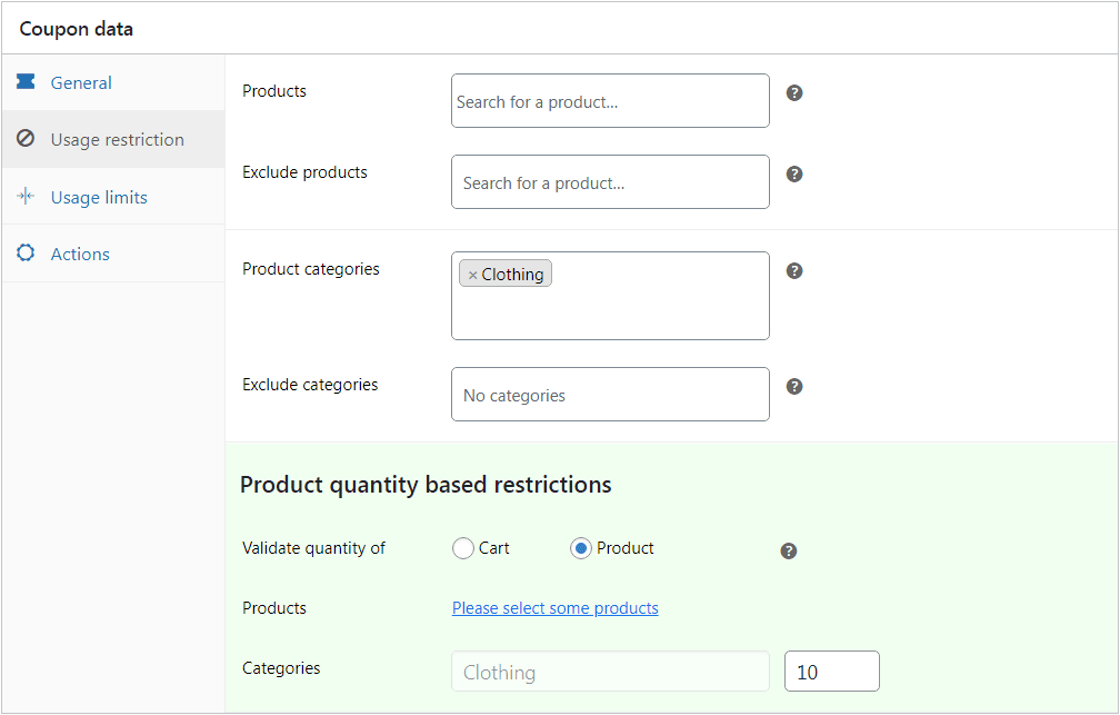 impostazione del buono sconto per categoria di prodotto