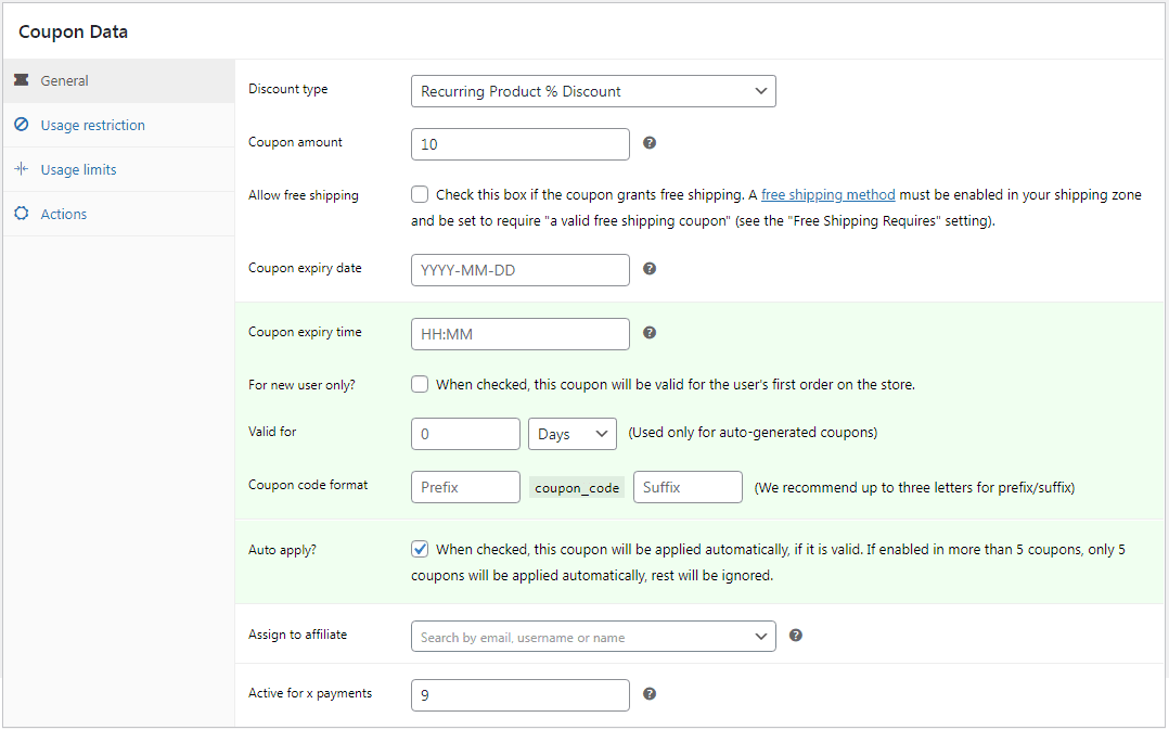 cupom de inscrição de aplicação automática