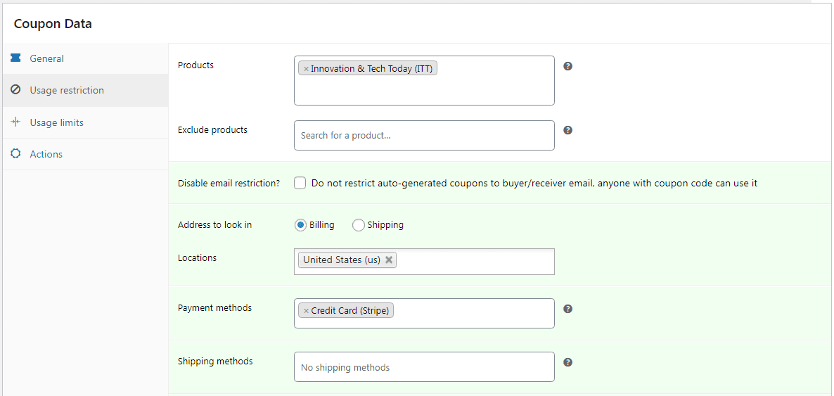 restrições de cupom de assinatura com base no local de pagamento