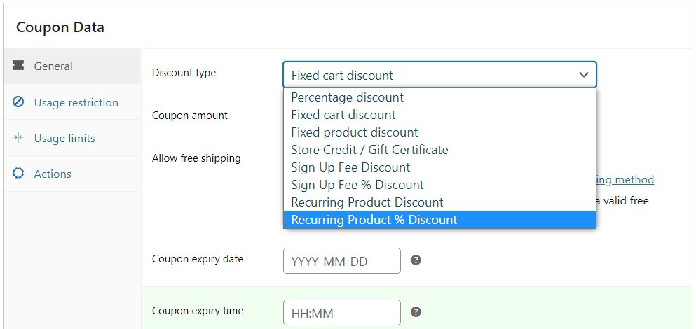 Tipos de desconto de cupons de assinatura WooCommerce