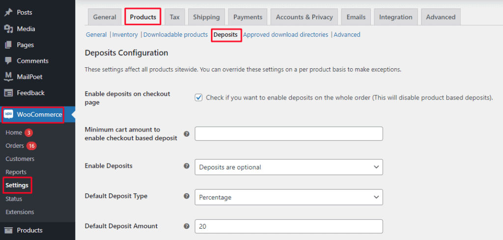 WooCommerce Deposits-Plugin-Einstellungen