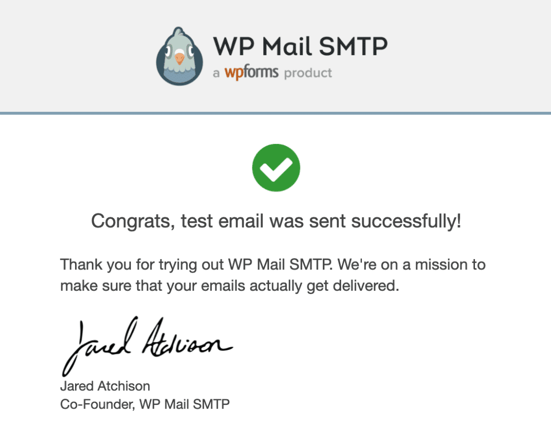 Email uji yang berhasil dari WP Mail SMTP