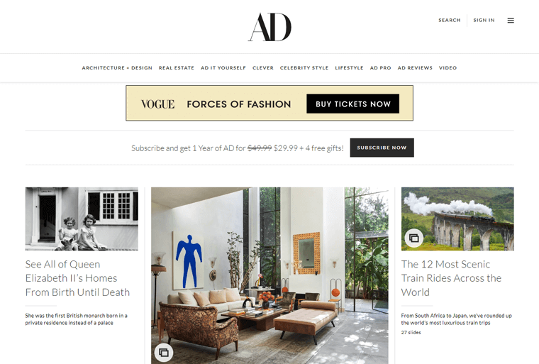 Architectural Digest - Ejemplos de sitios web de revistas