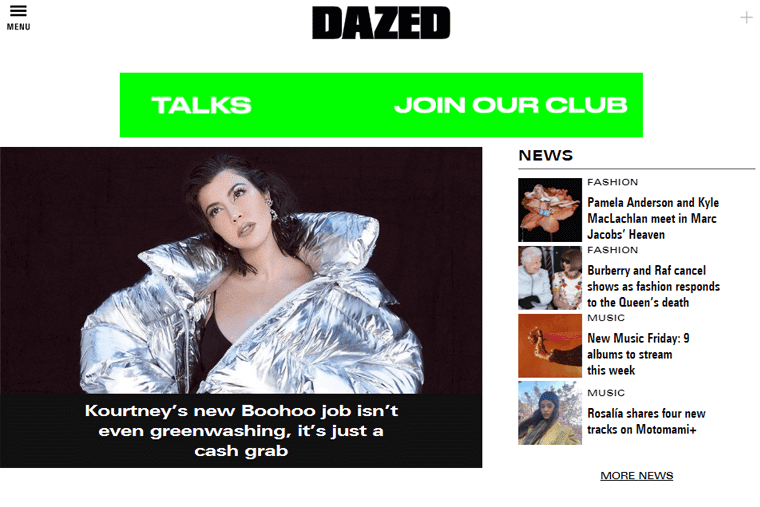 Dazed - ตัวอย่างเว็บไซต์นิตยสาร