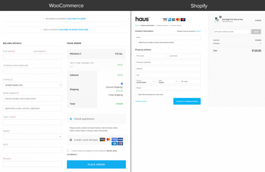 Pagina de plată Shopify vs WooCommerce