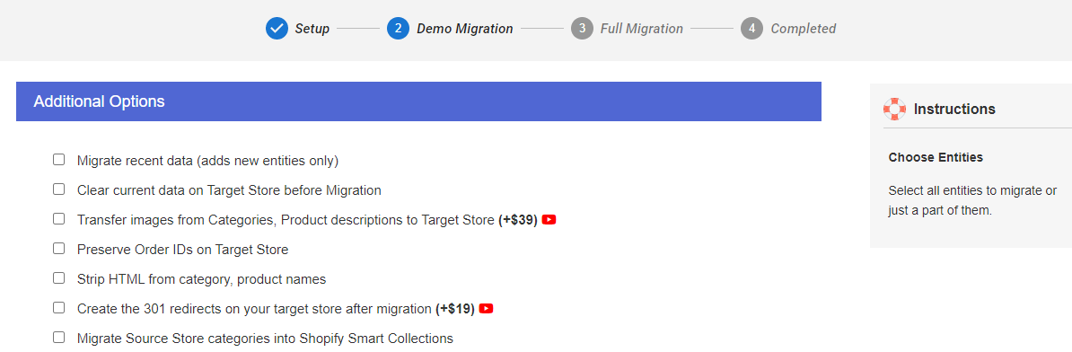 opțiuni suplimentare de migrare