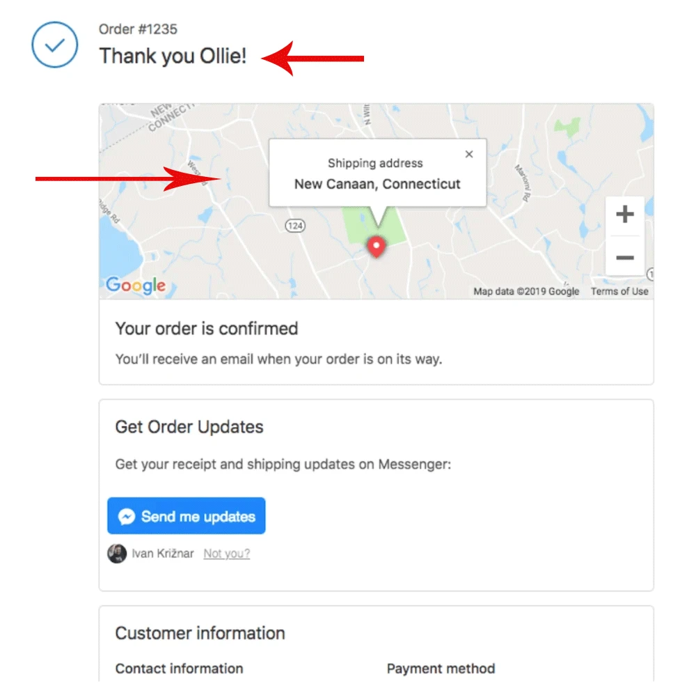 Pagina de mulțumire Shopify având numele și adresa de livrare