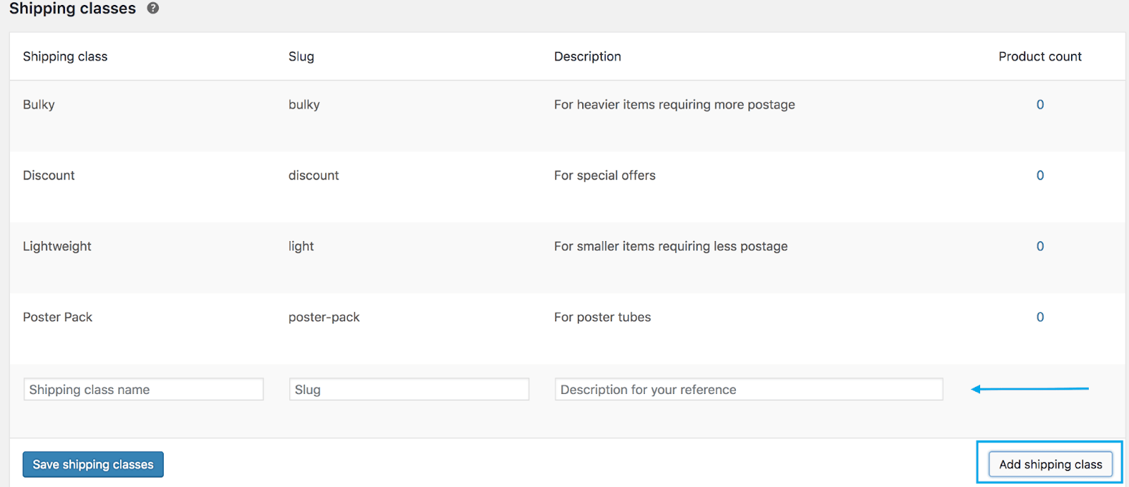 فئات الشحن woocommerce