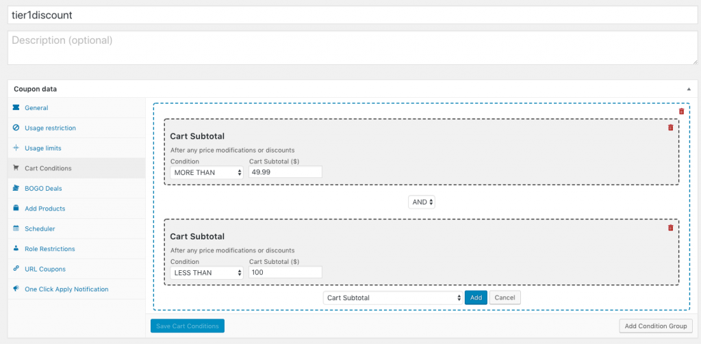 Tiered Discounts WooCommerce Coupon Tier 1 Example Cart Conditions