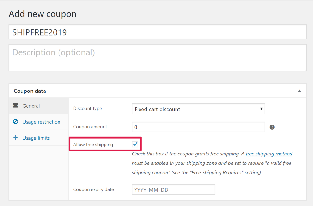 WooCommerce Free Shipping Coupon Have coupon offer free shipping