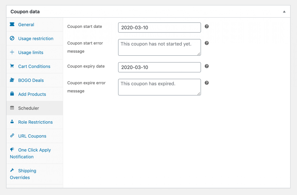 Setting a coupon's start and expiration dates in WooCommerce.