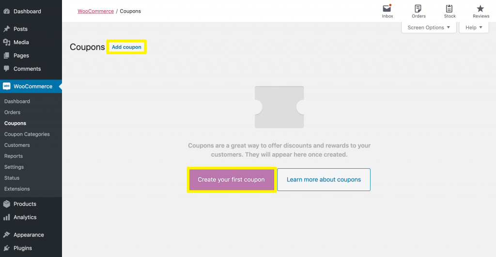 Creating a new coupon in WooCommerce.