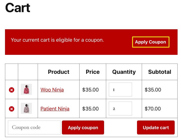 Viewing an example cart that uses one-click apply notifications for a coupon. 