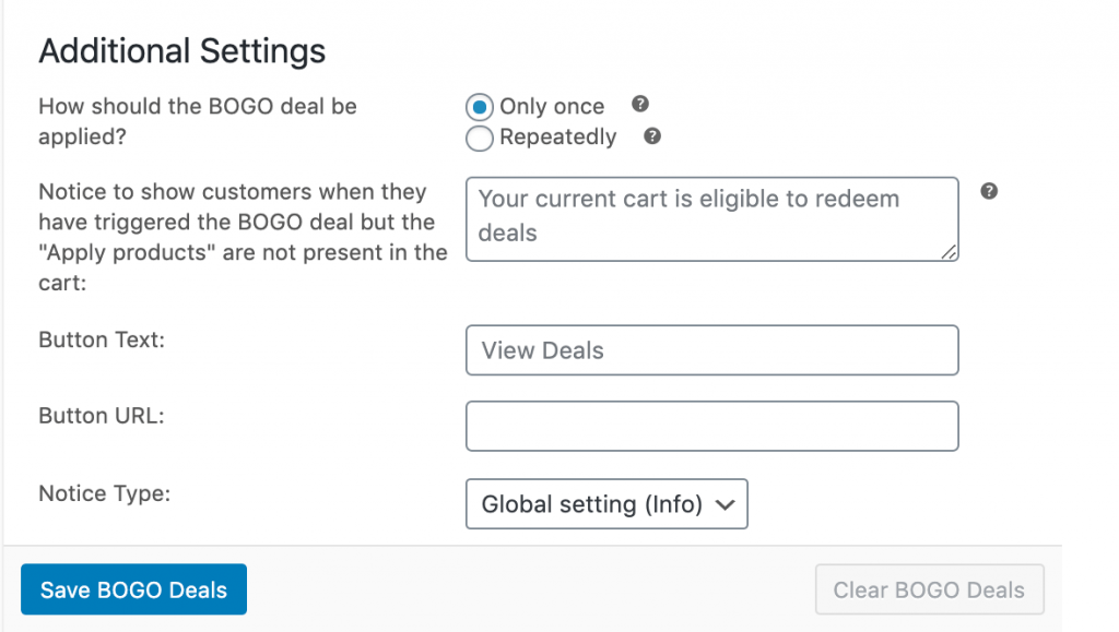 BOGO deals additional settings for frequency and notitications.