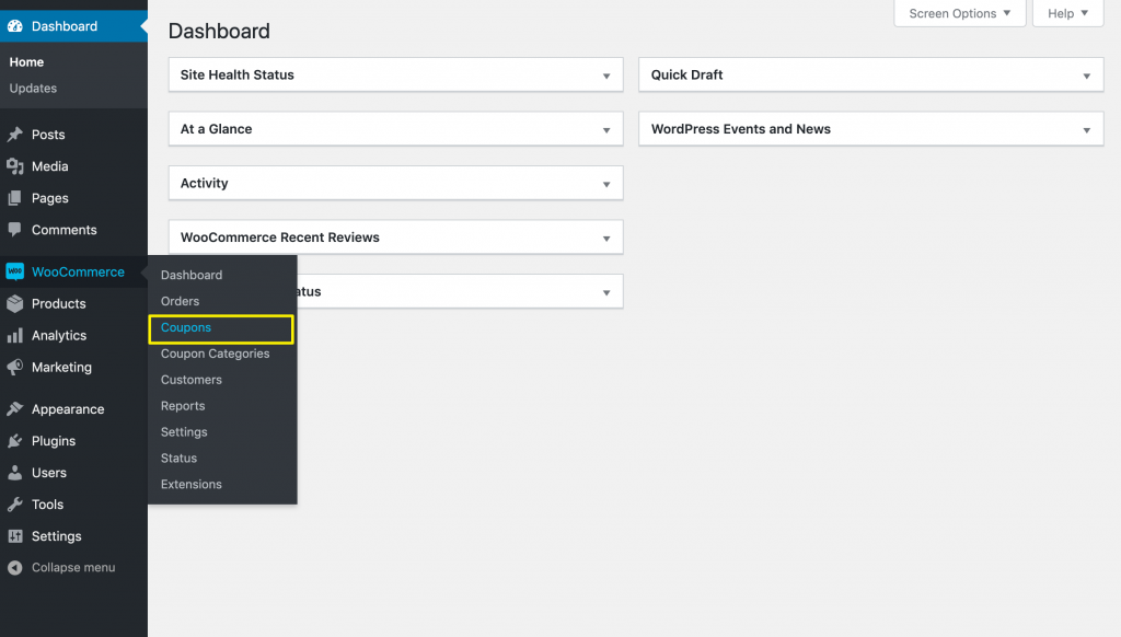 Accessing the WooCommerce coupons feature.