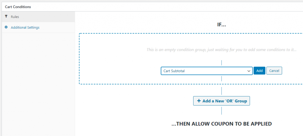 Configuring WooCommerce cart conditions.