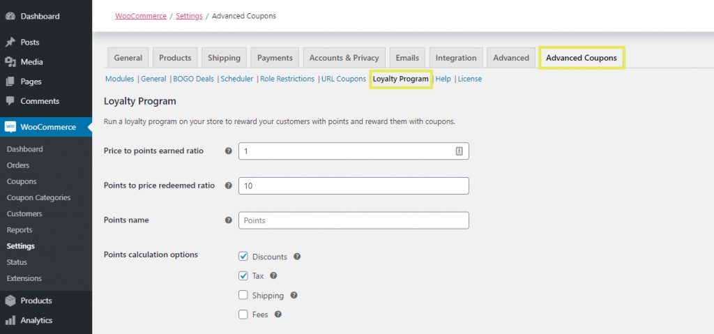 The Loyalty Program feature settings in Advanced Coupons.