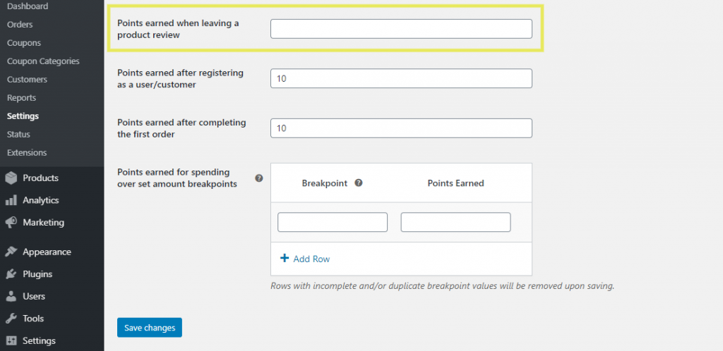 The setting to define how many points for leaving a review in WooCommerce that customers get.