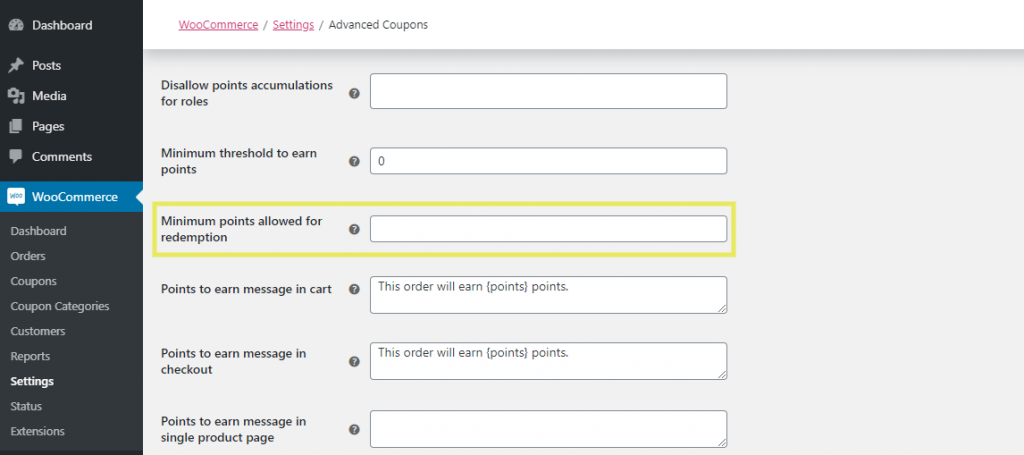 The points settings in the Advanced Coupons Loyalty Feature settings.