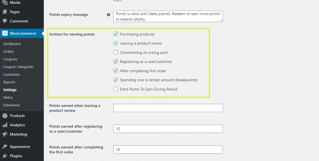 The setting in Advanced Coupons to enable actions for giving customers points for leaving a review.