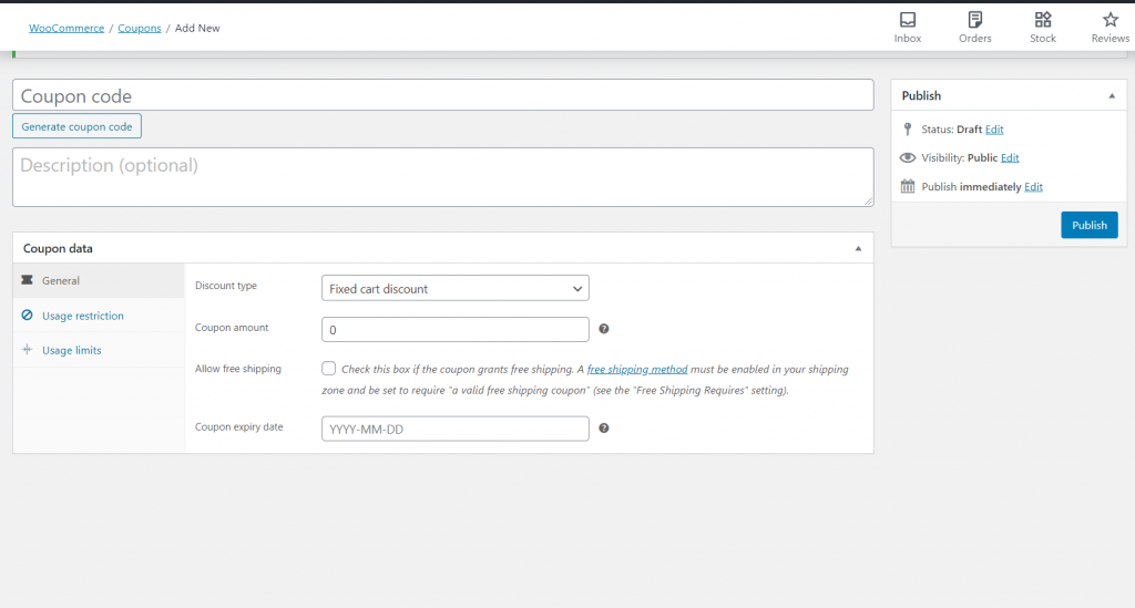 Add new coupon to WooCommerce site.