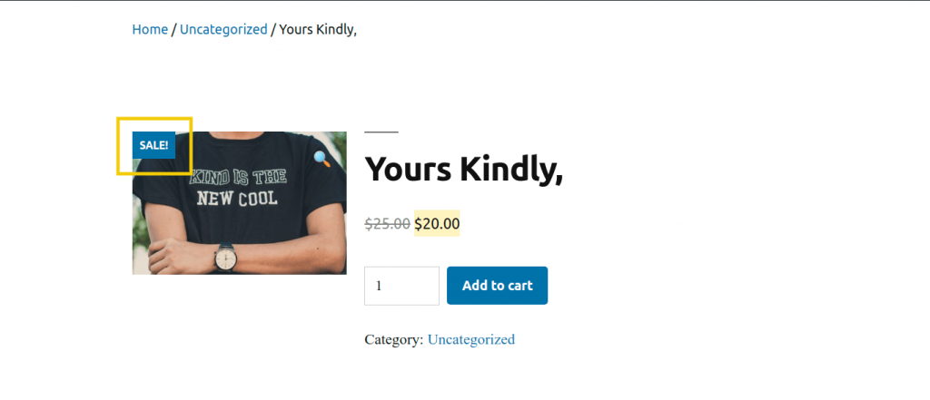 A screenshot of a WordPress e-commerce store showing a product with a sales badge