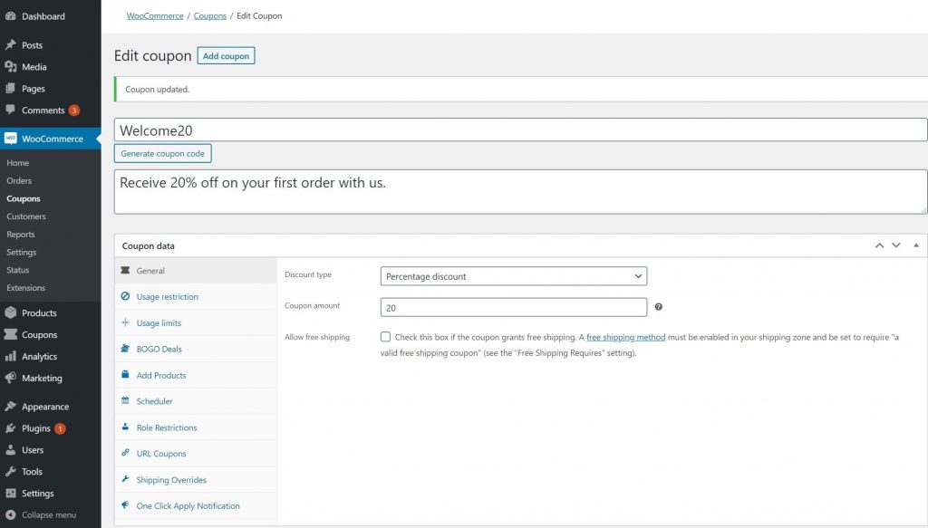 Creating a new coupon in WooCommerce.