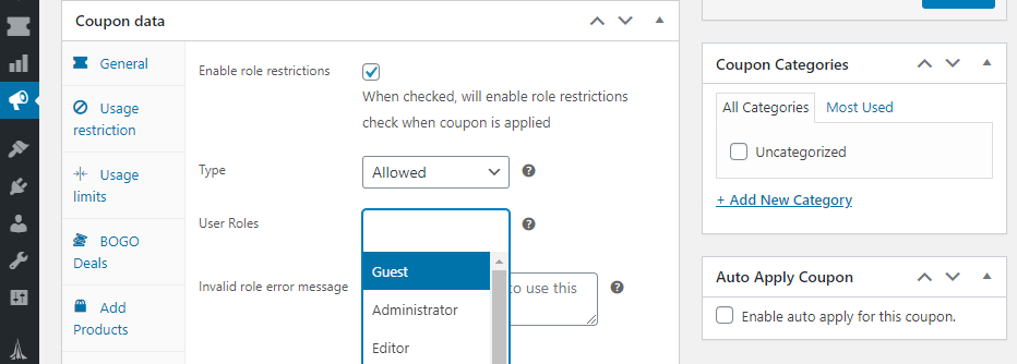 Enabling role restrictions for your coupon.