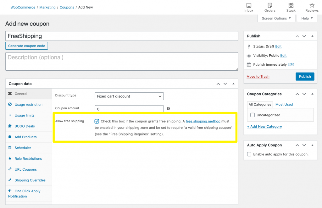 Allowing free shipping using a WooCommerce coupon.